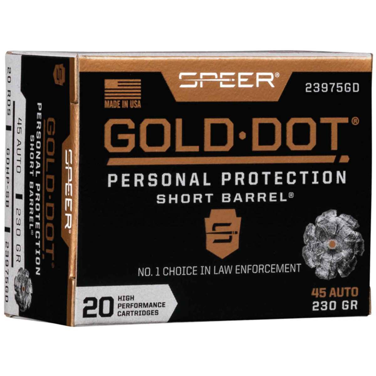 Speer Gold Dot 45 Auto (ACP) 230gr HP Short Barrel Handgun Ammo - 20 Rounds Speer Gold Dot 45 Auto (ACP) 230gr HP Short Barrel Handgun Ammo - 20 Rounds