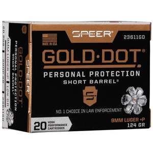 Speer Gold Dot 9mm Luger +P 124gr HP Short Barrel Handgun Ammo - 20 Rounds