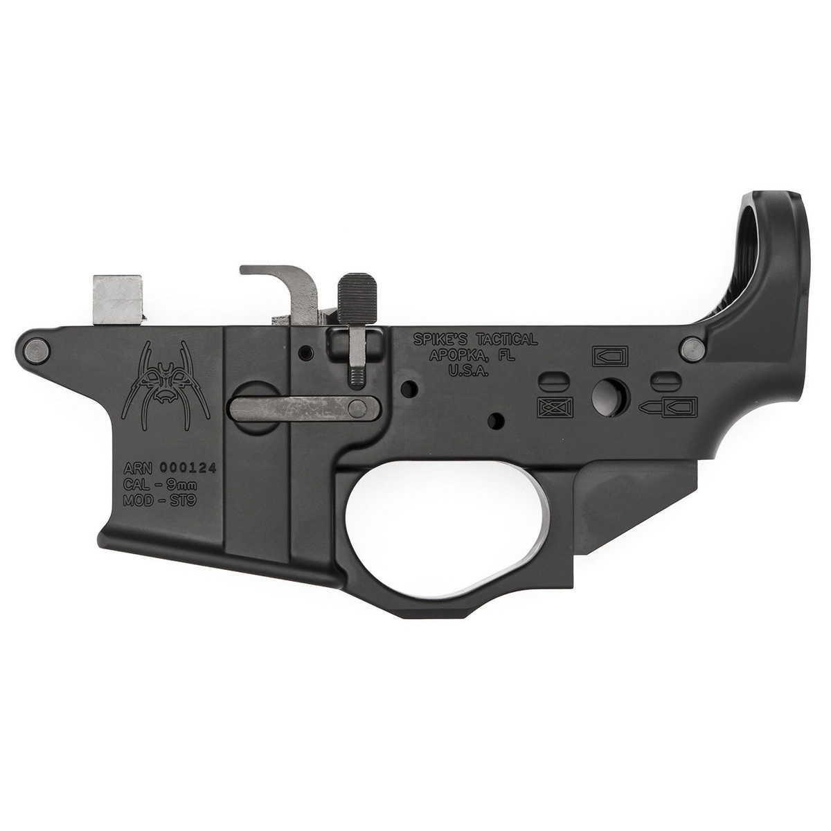 Spikes Tactical Spider 9MM Luger Colt Style Magazine Black Stripped Lower Receiver Spikes Tactical Spider 9MM Luger Colt Style Magazine Black Stripped Lower Receiver