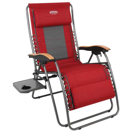 Red folding lawn chair with gray accents and wooden armrests