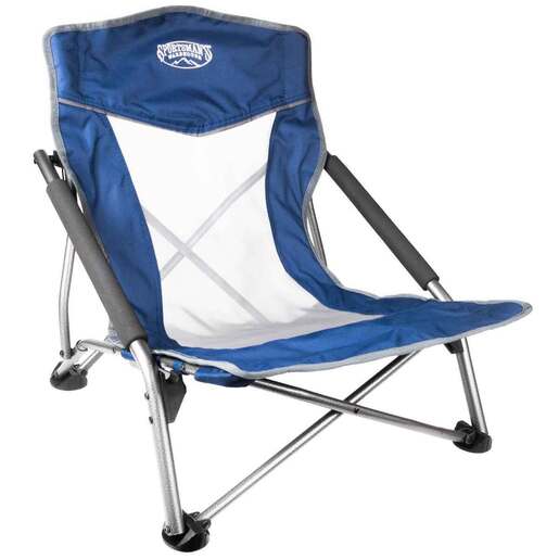 Blue and white folding camping chair with metal frame