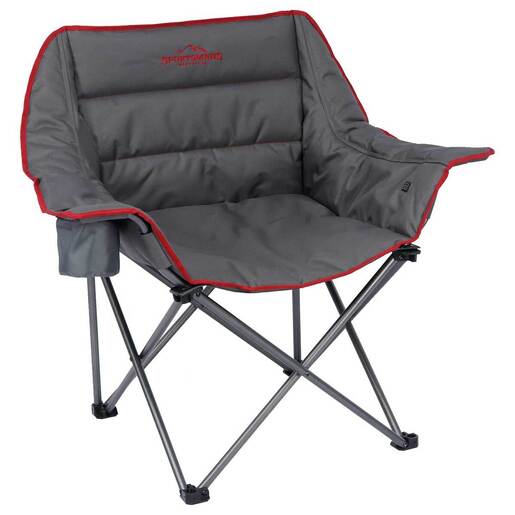 Gray folding camping chair with red trim and logo