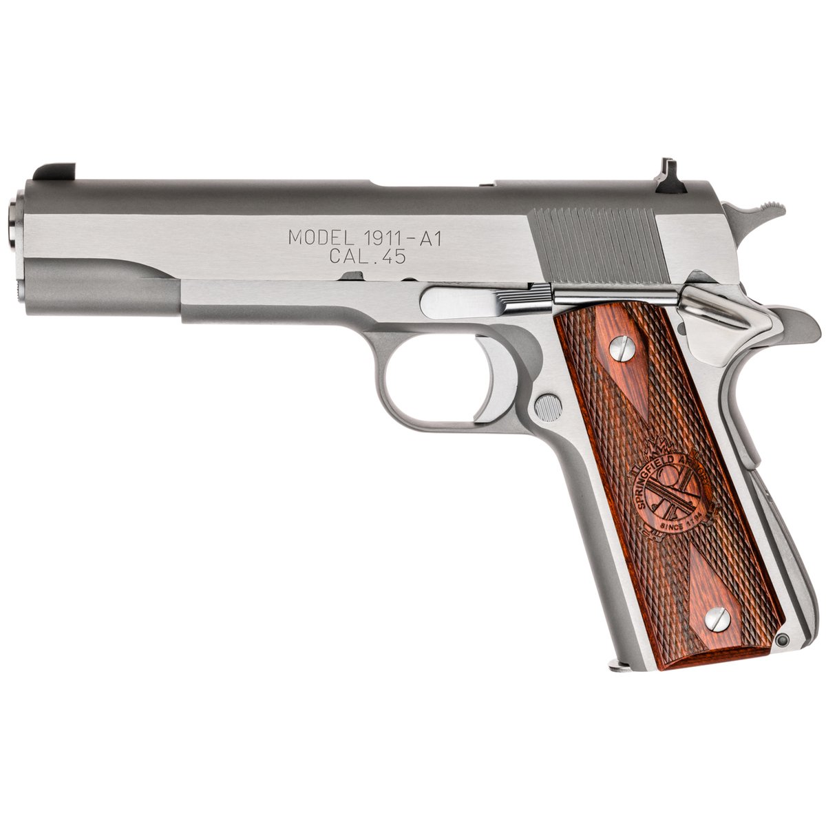 Springfield Armory 1911 Mil-Spec 45 Auto (ACP) 5in Polished Stainless Pistol - 7+1 Rounds - California Compliant Springfield Armory 1911 Mil-Spec 45 Auto (ACP) 5in Polished Stainless Pistol - 7+1 Rounds - California Compliant