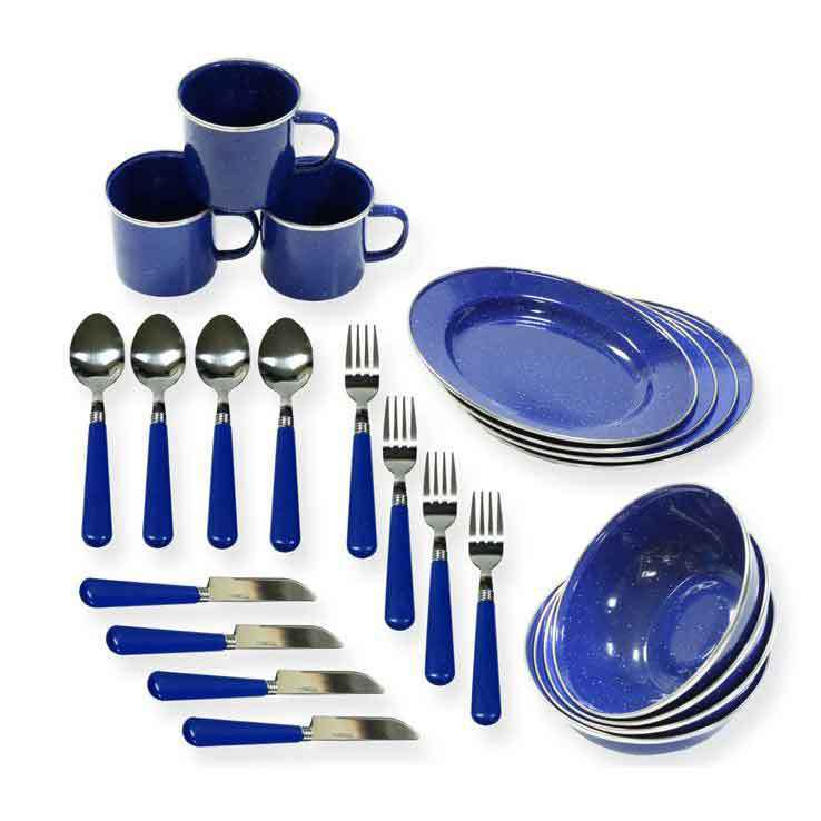 Stansport Enamel Camping 24-piece Blue Tableware Set - Blue Stansport Enamel Camping 24-piece Blue Tableware Set - Blue