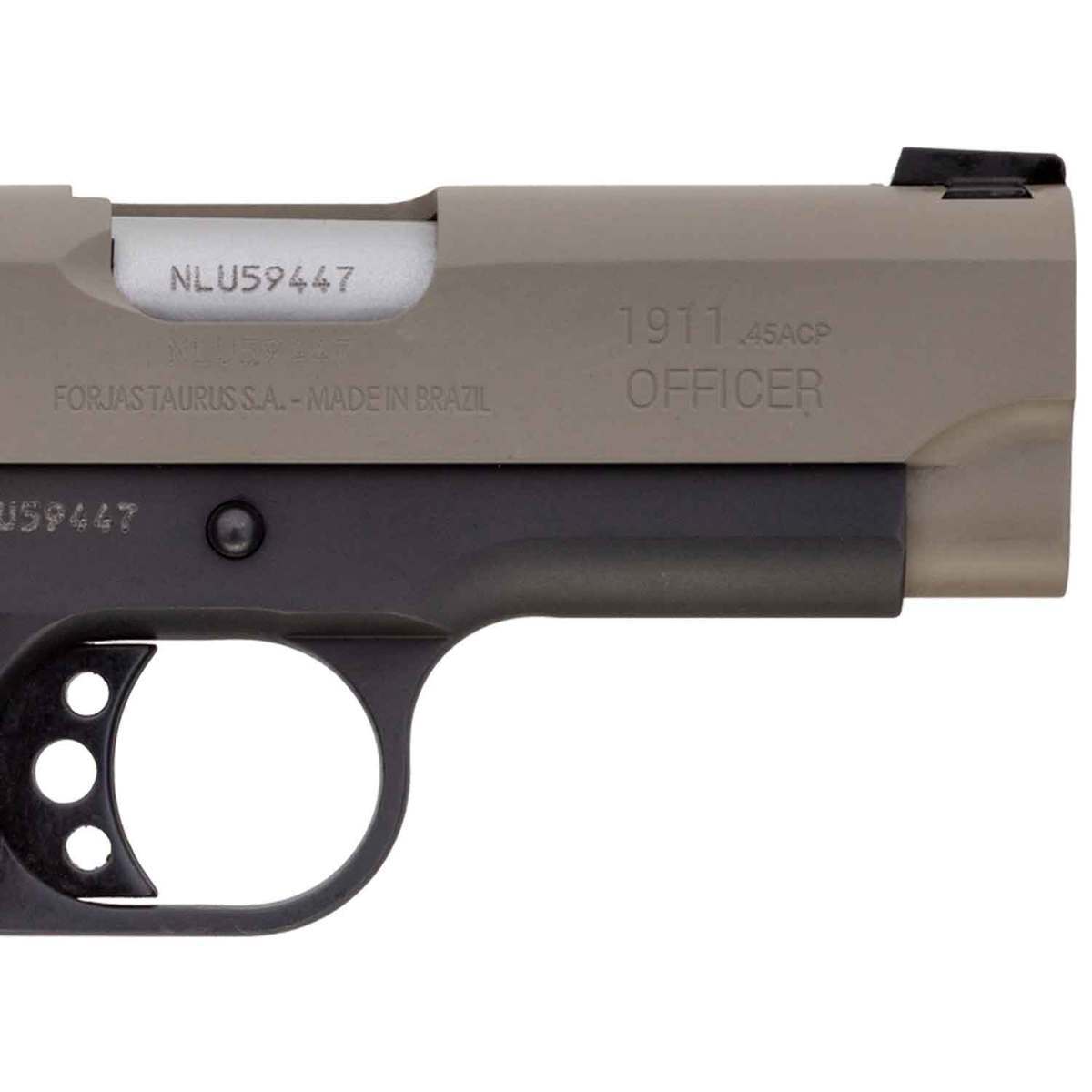 Taurus 1911 Officer 45 Auto (ACP) 3.5in Black/Desert Sand Pistol - 6+1 Rounds - Black/Desert Sand Taurus 1911 Officer 45 Auto (ACP) 3.5in Black/Desert Sand Pistol - 6+1 Rounds - Black/Desert Sand