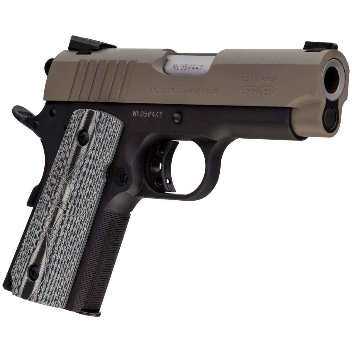 Taurus 1911 Officer 45 Auto (ACP) 3.5in Black/Desert Sand Pistol - 6+1 Rounds - Black/Desert Sand Taurus 1911 Officer 45 Auto (ACP) 3.5in Black/Desert Sand Pistol - 6+1 Rounds - Black/Desert Sand