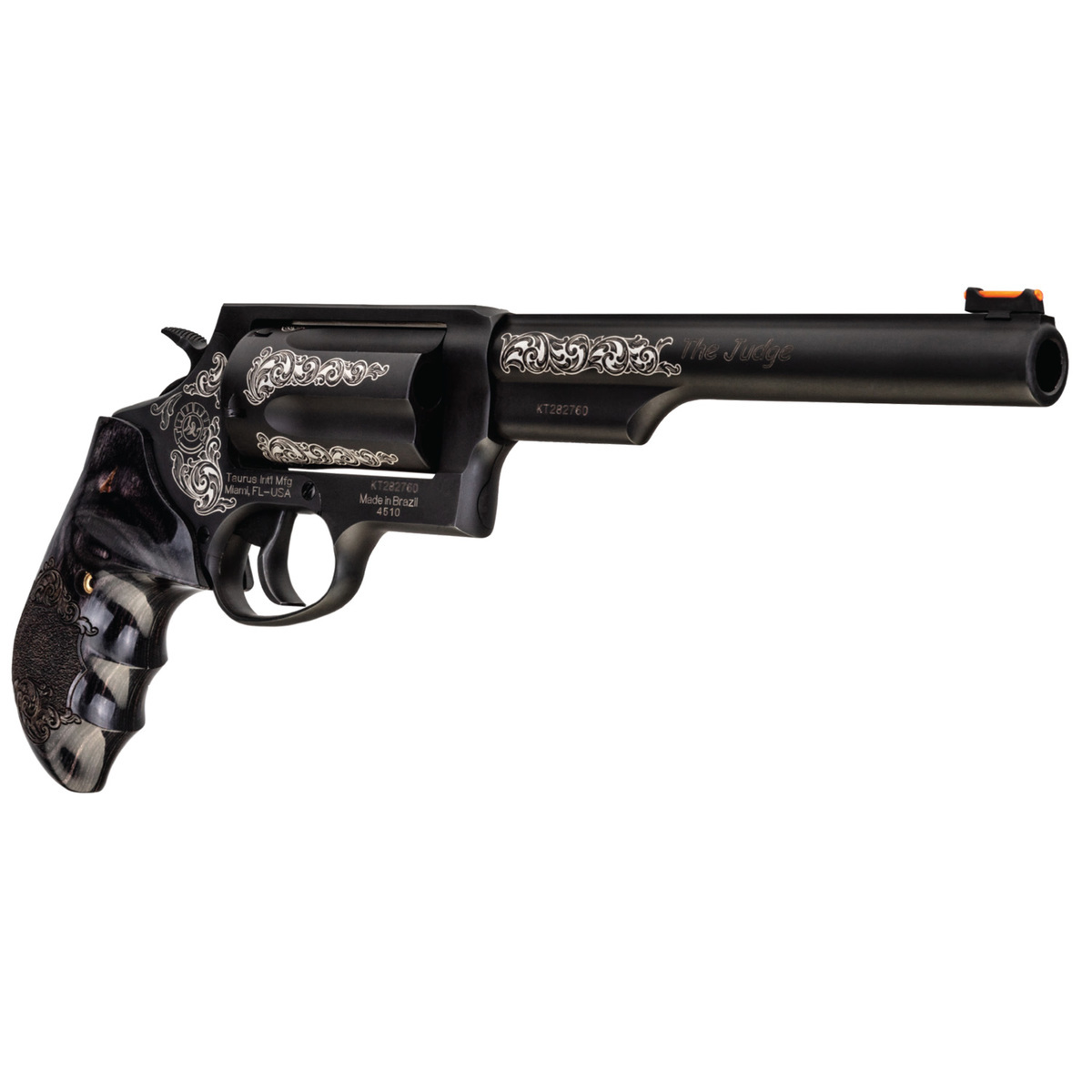 Taurus Judge Engraved 45 (Long) Colt/410 6.5in Black Revolver - 5 Rounds Taurus Judge Engraved 45 (Long) Colt/410 6.5in Black Revolver - 5 Rounds