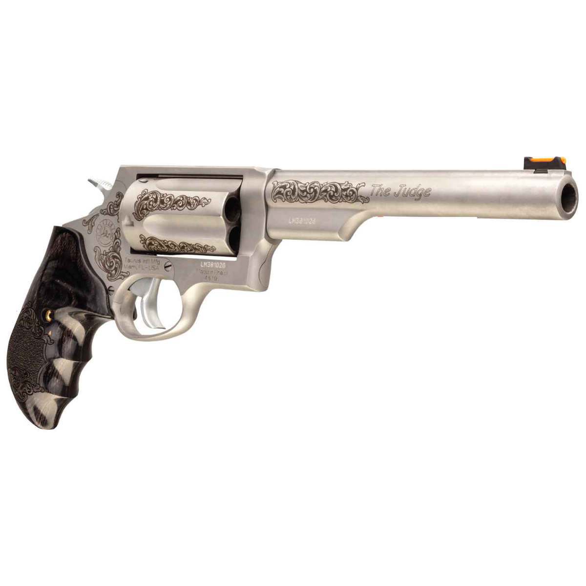 Taurus Judge Engraved 45 (Long) Colt/410 6.5in Matte Stainless Revolver - 5 Rounds Taurus Judge Engraved 45 (Long) Colt/410 6.5in Matte Stainless Revolver - 5 Rounds