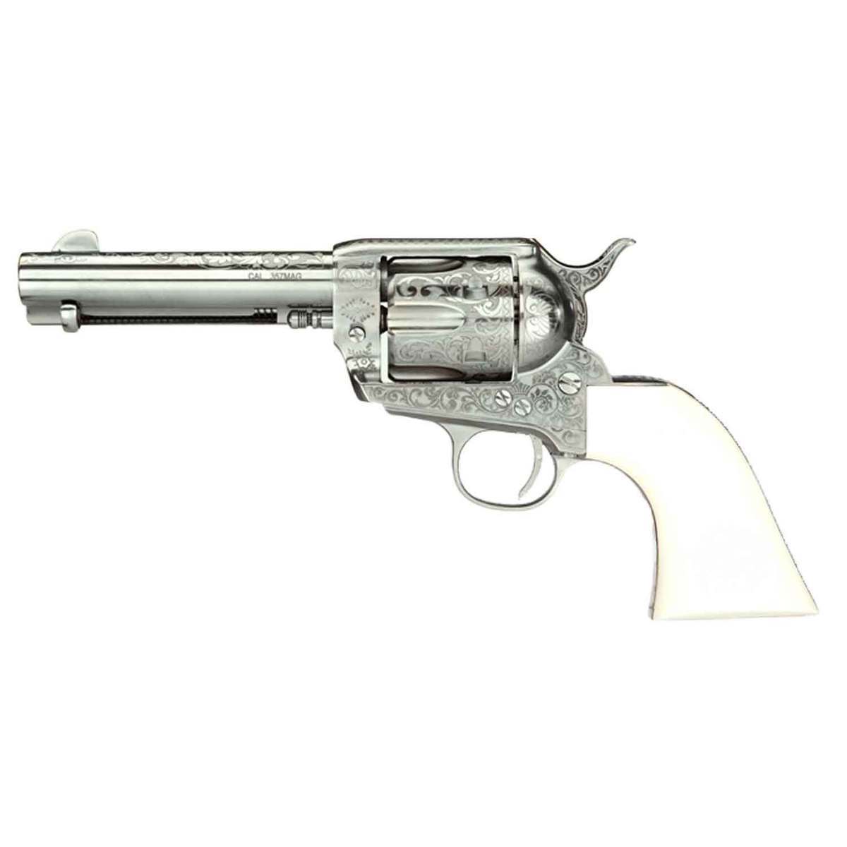 Taylors and Company 1873 Cattleman Outlaw Legacy 357 Magnum 4.75in Nickel Engraved Revolver - 6 Rounds Taylors and Company 1873 Cattleman Outlaw Legacy 357 Magnum 4.75in Nickel Engraved Revolver - 6 Rounds