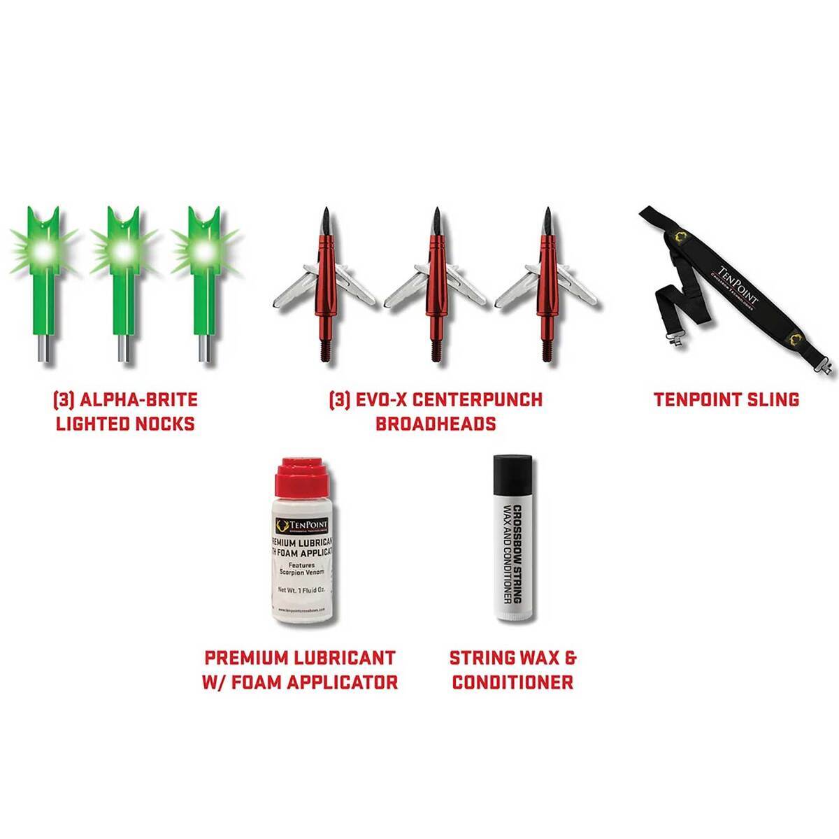 TenPoint Crossbow Package Accessory Kit - Alpha-brites, Broadheads, Sling, Lube & Wax TenPoint Crossbow Package Accessory Kit - Alpha-brites, Broadheads, Sling, Lube & Wax