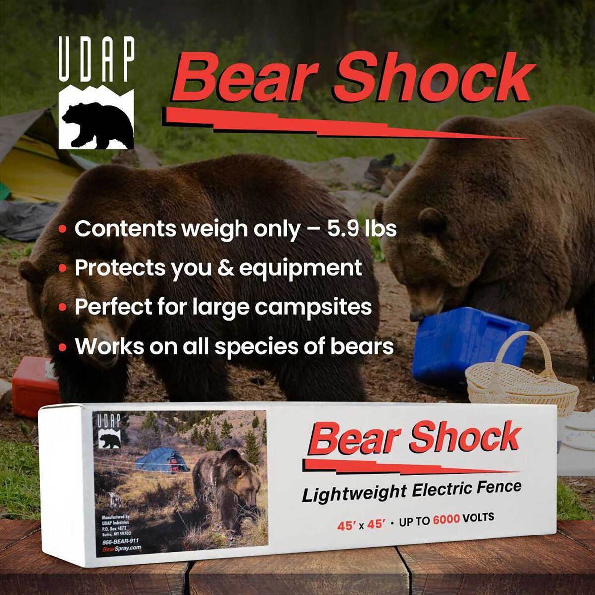 Bear Shock UDAP Clôture électrique ultra légère pour camping, kit de camping portable, 8,2 x 8,2 m, BEF Bear Shock UDAP Clôture électrique ultra légère pour camping, kit de camping portable, 8,2 x 8,2 m, BEF