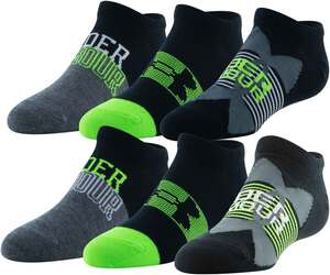 Under Armour Boys Essential 6 Pack No Show Socks - Black/White/Green Assorted - S