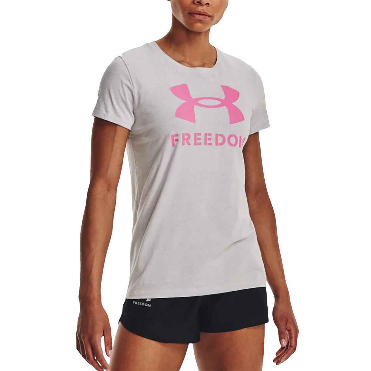 Under Armour Women's Freedom Logo Short Sleeve Casual Shirt - Halo Gray/Pink Edge - L - Halo Gray/Pink Edge L Under Armour Women's Freedom Logo Short Sleeve Casual Shirt - Halo Gray/Pink Edge - L - Halo Gray/Pink Edge L