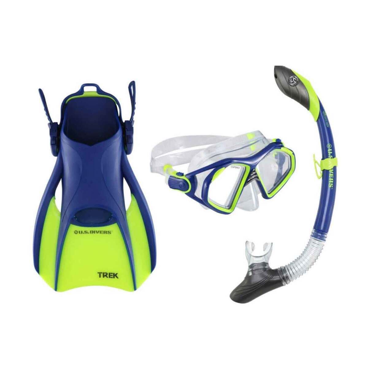 US Divers Admiral LX/Island Dry LX/Trek Blue/Yellow Snorkel Set US Divers Admiral LX/Island Dry LX/Trek Blue/Yellow Snorkel Set