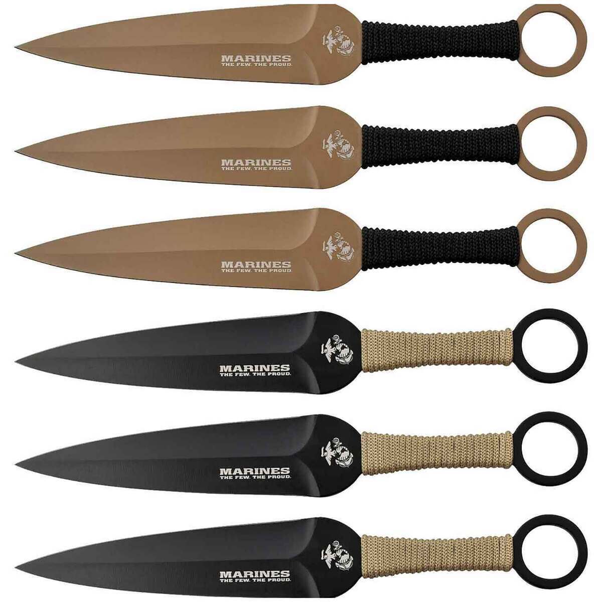 USMC Throwing Academy 5.5 inch Throwing Knife Set - Black/Tan USMC Throwing Academy 5.5 inch Throwing Knife Set - Black/Tan
