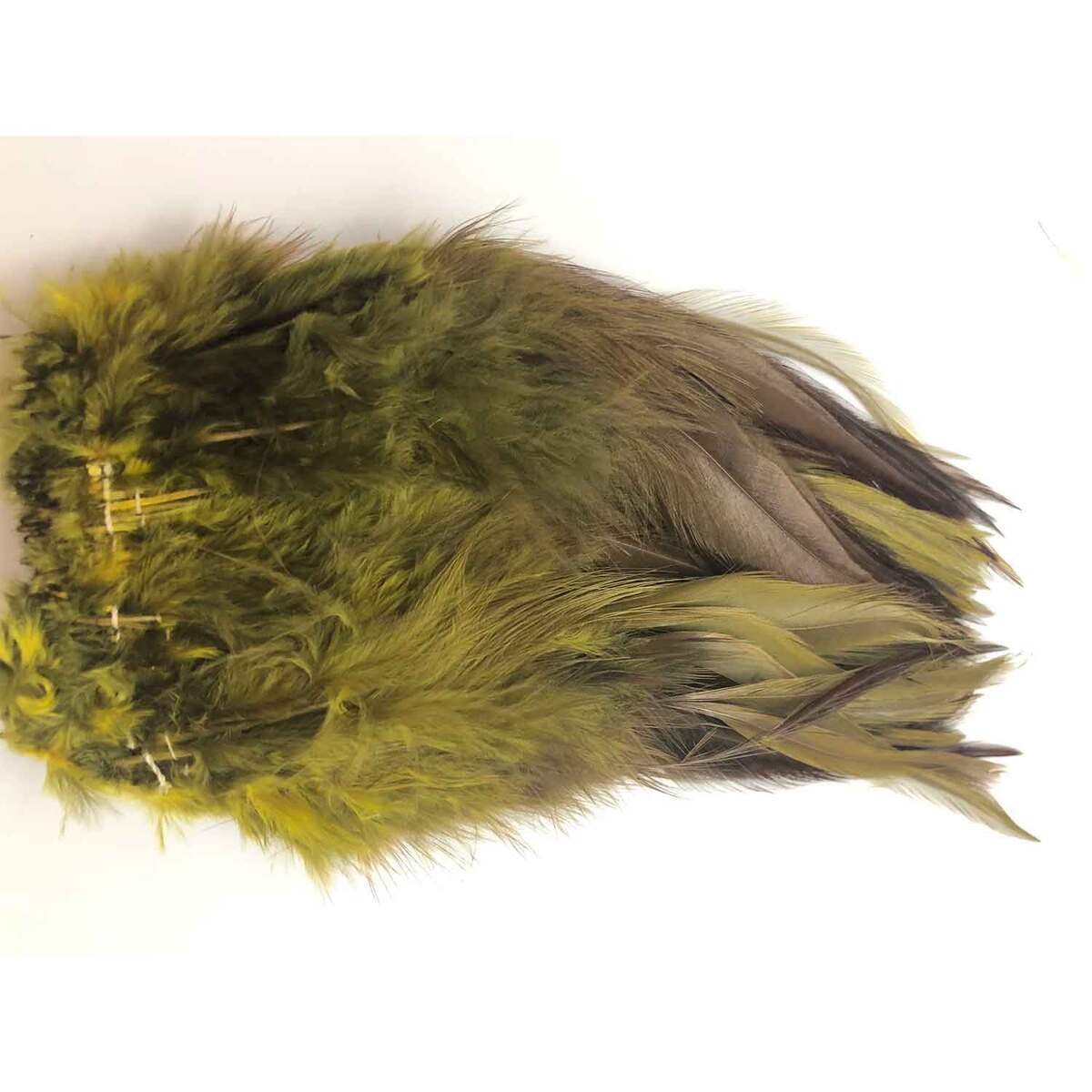 Wapsi Strung Rooster Saddles Long Feathers - Olive Dyed over Natural Wapsi Strung Rooster Saddles Long Feathers - Olive Dyed over Natural