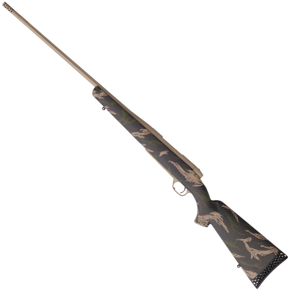 Weatherby Mark V Backcountry McMillan Tan Bolt Action Rifle - 6.5-300 Weatherby Magnum - Carbon Fiber With Green & Tan Sponge Patterns Weatherby Mark V Backcountry McMillan Tan Bolt Action Rifle - 6.5-300 Weatherby Magnum - Carbon Fiber With Green & Tan Sponge Patterns