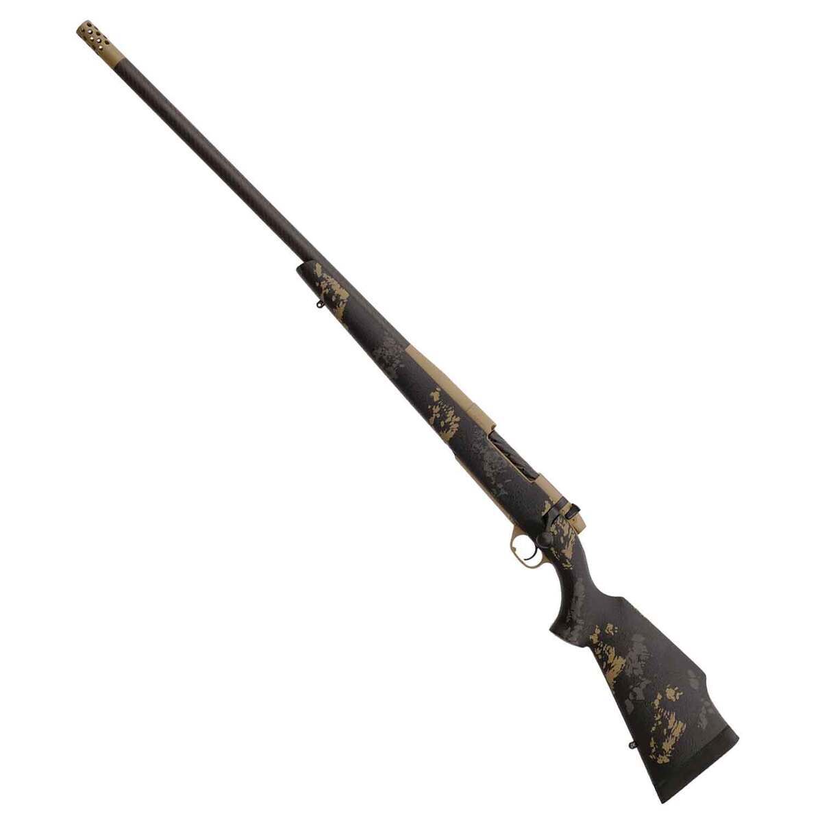 Weatherby Mark V Carbonmark Coyote Tan Cerakote Left Hand Bolt Action Rifle - 257 Weatherby Magnum - 28in - Gray and Tan Sponge Camo Weatherby Mark V Carbonmark Coyote Tan Cerakote Left Hand Bolt Action Rifle - 257 Weatherby Magnum - 28in - Gray and Tan Sponge Camo