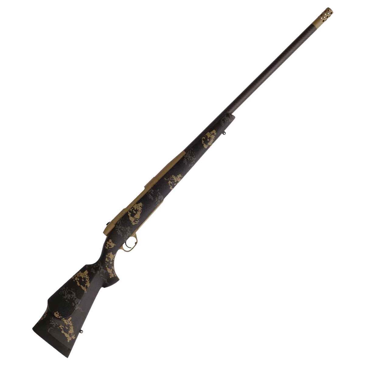 Weatherby Mark V Carbonmark Coyote Tan Cerakote Left Hand Bolt Action Rifle - 257 Weatherby Magnum - 28in - Gray and Tan Sponge Camo Weatherby Mark V Carbonmark Coyote Tan Cerakote Left Hand Bolt Action Rifle - 257 Weatherby Magnum - 28in - Gray and Tan Sponge Camo