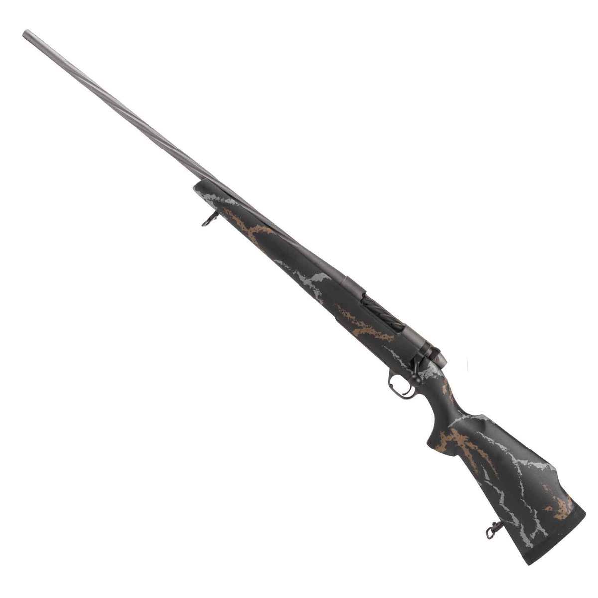 Weatherby Mark V MeatEater Tungsten Cerakote Left Hand Bolt Action Rifle - 257 Weatherby Magnum - 26in - Black Base, Tan and Gray Sponge Camo Weatherby Mark V MeatEater Tungsten Cerakote Left Hand Bolt Action Rifle - 257 Weatherby Magnum - 26in - Black Base, Tan and Gray Sponge Camo