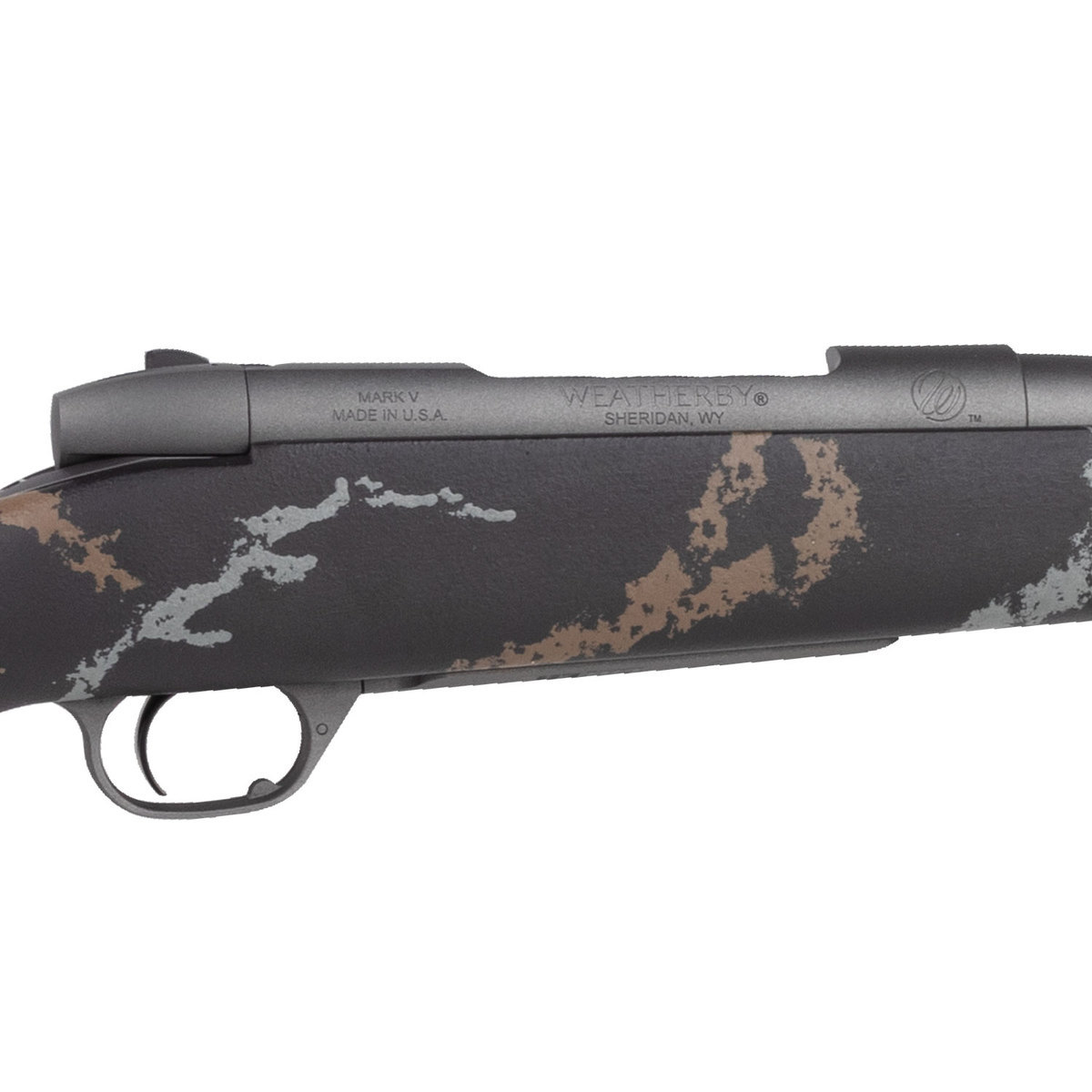 Weatherby Mark V MeatEater Tungsten Cerakote Left Hand Bolt Action Rifle - 257 Weatherby Magnum - 26in - Black Base, Tan and Gray Sponge Camo Weatherby Mark V MeatEater Tungsten Cerakote Left Hand Bolt Action Rifle - 257 Weatherby Magnum - 26in - Black Base, Tan and Gray Sponge Camo