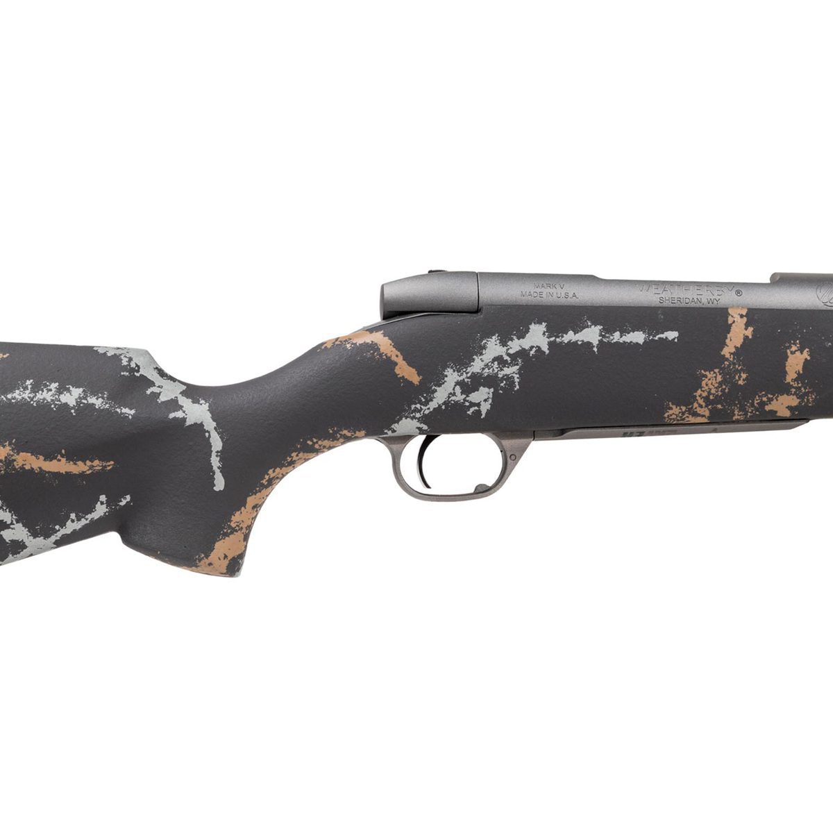 Weatherby Mark V MeatEater Tungsten Cerakote Left Hand Bolt Action Rifle - 6.5-300 Weatherby Magnum - 26in - Black Base, Tan and Gray Sponge Camo Weatherby Mark V MeatEater Tungsten Cerakote Left Hand Bolt Action Rifle - 6.5-300 Weatherby Magnum - 26in - Black Base, Tan and Gray Sponge Camo