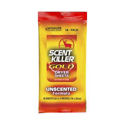 Wildlife Research Scent Killer Gold Unscented Dryer Sheets – 18 Pack – 6.4in x 9in