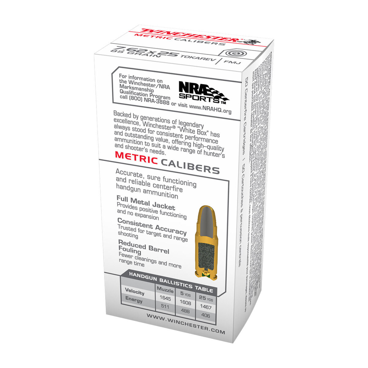 Winchester 7.62x25mm Tokarev 85gr FMJ Handgun Ammo - 50 Rounds Winchester 7.62x25mm Tokarev 85gr FMJ Handgun Ammo - 50 Rounds