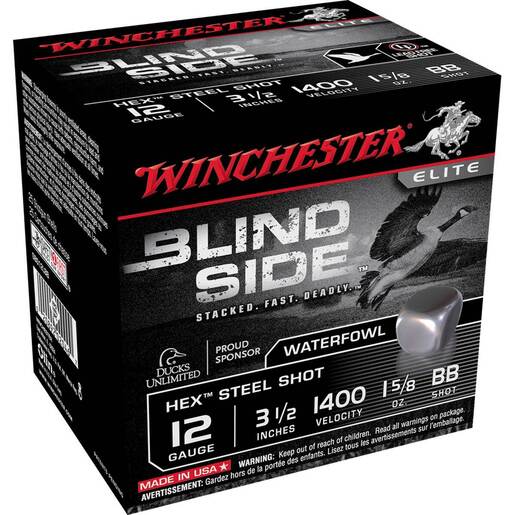 Winchester Blind Side 12 Gauge 3-1/2in 1-5/8oz BB Waterfowl Shotshells – 25 Rounds – BB