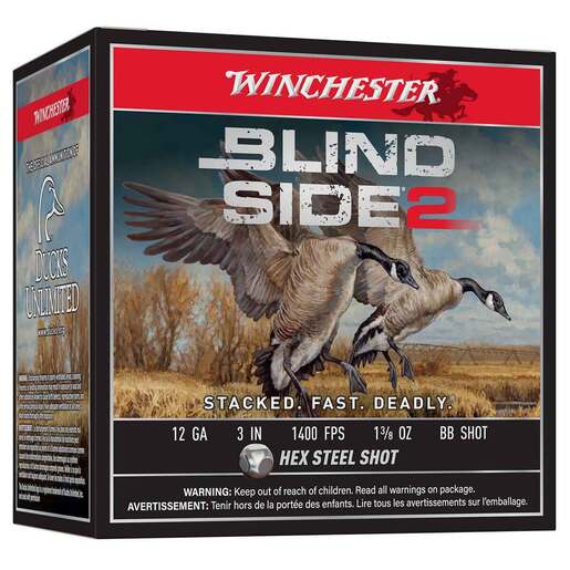 Winchester Blind Side 2 12 Gauge 3in BB 1-3/8oz Waterfowl Shotshells – 25 Rounds – BB
