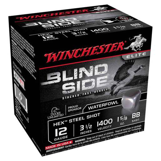Winchester Blind Side Hex Steel Shot 12 Gauge 3-1/2in BB 1-5/8oz Waterfowl Shotshells – 25 Rounds – BB