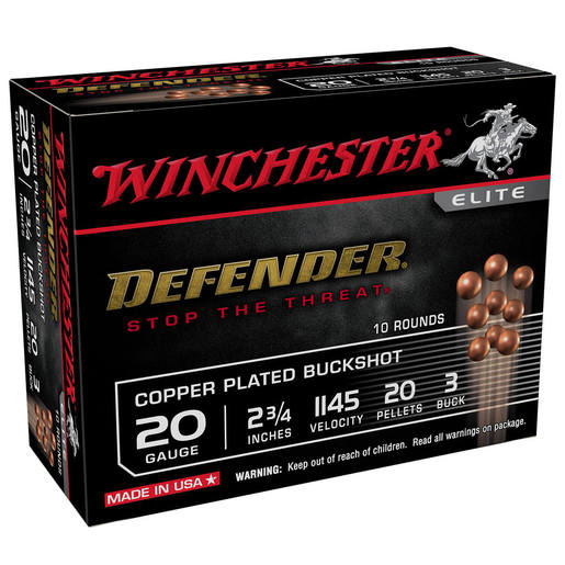 Winchester Defender 20 Gauge 2-3/4in #3 Buck 20-Pellet Buckshot Shotshells – 10 Rounds – #3 Buck