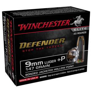 Winchester Defender 9mm Luger 147gr Bonded Jacket Hollow Point Centerfire Handgun Ammo - 20 Rounds