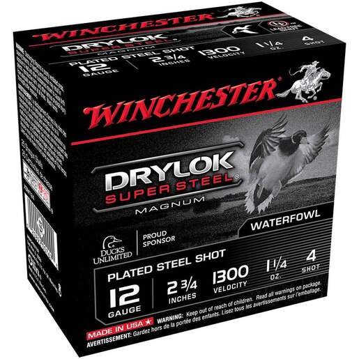 Winchester DryLok Super Steel 12 Gauge 2-3/4in #4 1-1/4oz Waterfowl Shotshells Ammo - 25 Rounds Ammo - #4 25 Rounds - #4 Ammo