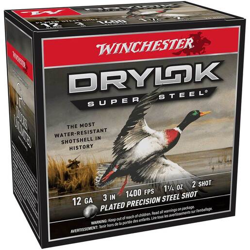 Winchester Drylok Super Steel 12 Gauge 3in #2 1 1/4oz Waterfowl Shotshells Ammo - 25 Rounds Ammo - #2 25 Rounds - #2 Ammo