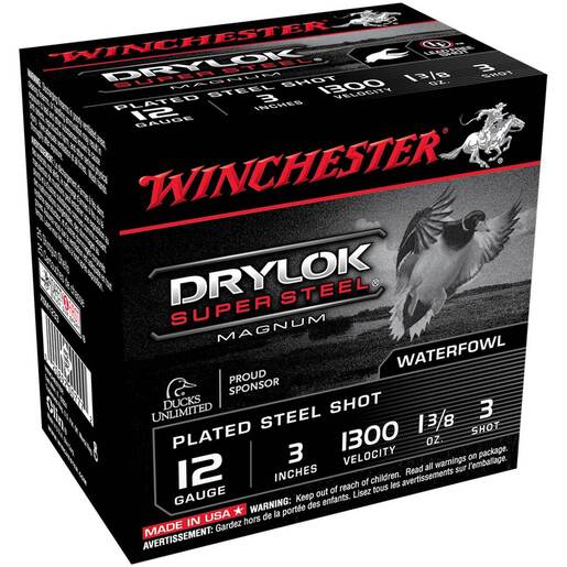 Winchester Drylok Super Steel 12 Gauge 3in #3 1 3/8oz Waterfowl Shotshells Ammo - 25 Rounds Ammo - #3 25 Rounds - #3 Ammo
