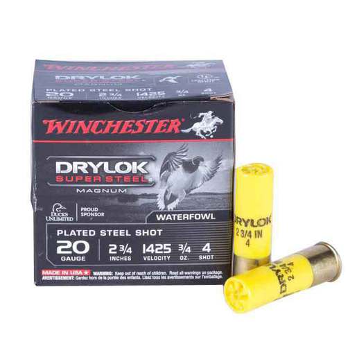 Winchester Drylok Super Steel 20 Gauge 2-3/4in #4 3/4oz Waterfowl Shotshells – 25 Rounds – #4