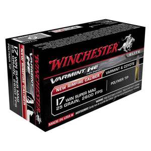 Winchester Elite Varmint HE 17 Winchester Super Mag 25gr Polymer Tip Rimfire Ammo - 50 Rounds Winchester Elite Varmint HE 17 Winchester Super Mag 25gr Polymer Tip Rimfire Ammo - 50 Rounds