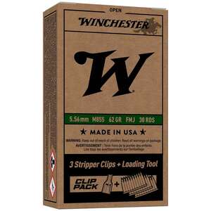 Winchester M855 Green Tip 5.56mm NATO Strip Clip 62gr FMJ Rifle Ammo - 30 Rounds