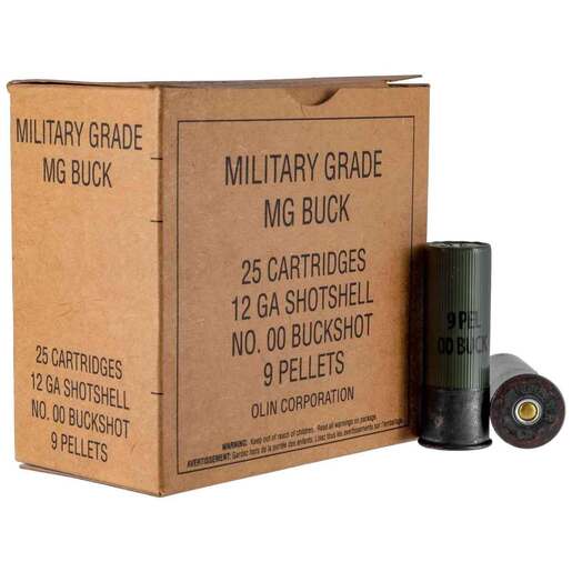 Winchester Military Grade 12 Gauge 2-3/4in #00 Buck 9-Pellet Buckshot Shotshells Ammo - 25 Rounds Ammo - #00 Buck 25 Rounds - #00 Buck Ammo