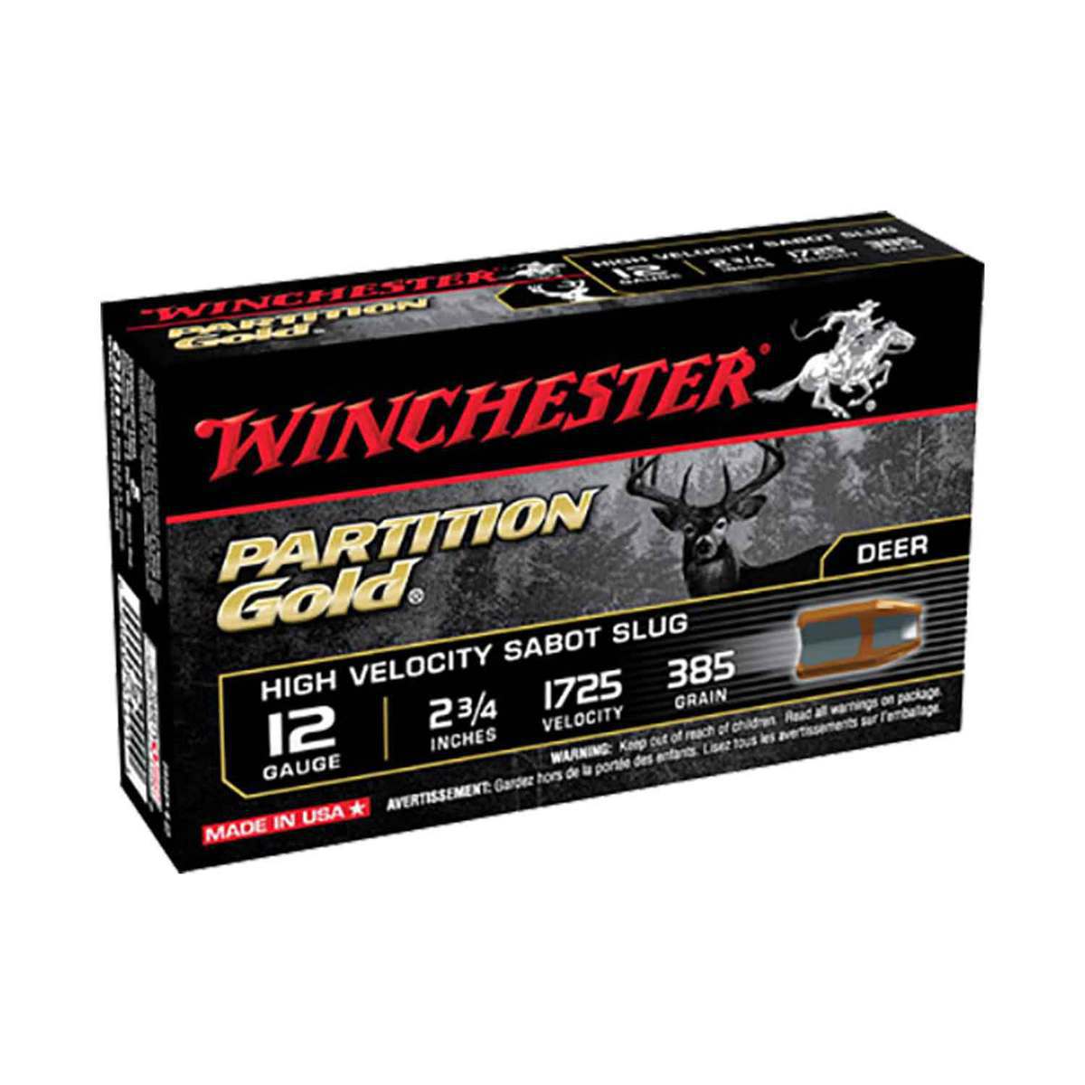 Winchester Partition Gold High Velocity 12 Gauge 2-3/4in Sabot Slug Shotshells - 5 Rounds Winchester Partition Gold High Velocity 12 Gauge 2-3/4in Sabot Slug Shotshells - 5 Rounds