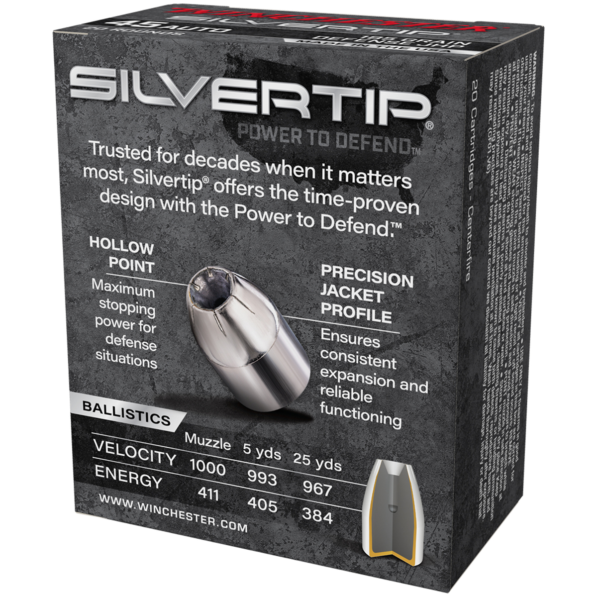 Winchester Silvertip 45 Auto (ACP) 185gr JHP Handgun Ammo - 20 Rounds Winchester Silvertip 45 Auto (ACP) 185gr JHP Handgun Ammo - 20 Rounds