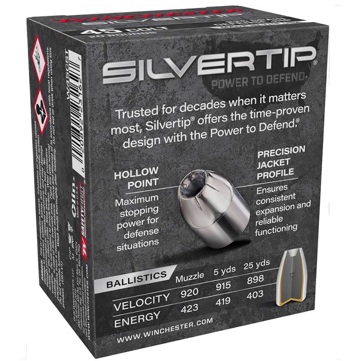 Winchester Silvertip 45 (Long) Colt 225gr JHP Centerfire Handgun Ammo - 20 Rounds Winchester Silvertip 45 (Long) Colt 225gr JHP Centerfire Handgun Ammo - 20 Rounds
