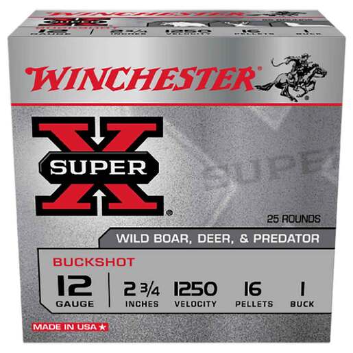 Winchester Super-X 12 Gauge 2-3/4in #1 Buck 1oz Buckshot Shotshells Ammo - 25 Rounds Ammo - #1 Buck 25 Rounds - #1 Buck Ammo