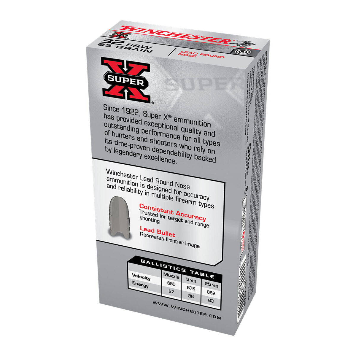 Winchester Super X 32 S&W 85gr Lead Round Nose Handgun Ammo - 50 Rounds Winchester Super X 32 S&W 85gr Lead Round Nose Handgun Ammo - 50 Rounds