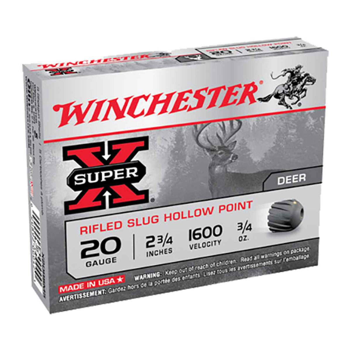 Winchester Super-X Rifled Slug Hollow Point 20 Gauge 2-3/4in 3/4oz Slug Shotshells - 5 Rounds Winchester Super-X Rifled Slug Hollow Point 20 Gauge 2-3/4in 3/4oz Slug Shotshells - 5 Rounds