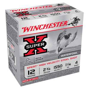 Winchester Super-X Xpert High Velocity Steel Shot 12 Gauge 2-3/4in #4 1-1/16oz Waterfowl Shotshells - 25 Rounds Winchester Super-X Xpert High Velocity Steel Shot 12 Gauge 2-3/4in #4 1-1/16oz Waterfowl Shotshells - 25 Rounds