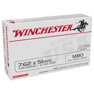 Winchester Target M80 7.62mm NATO 147gr FMJ Rifle Ammo - 20 Rounds