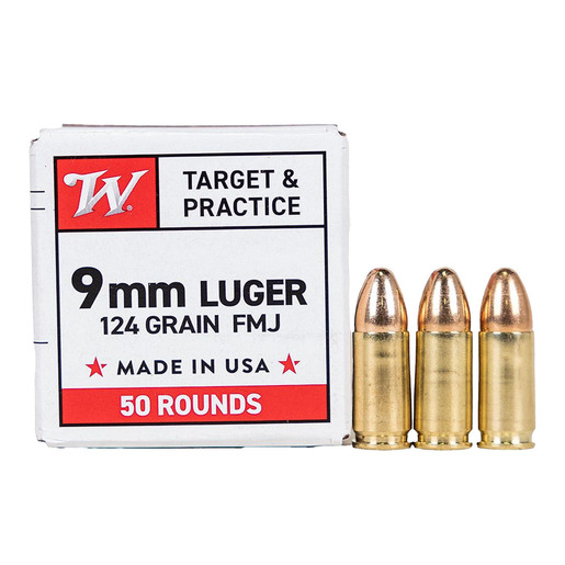 Winchester Target & Practice 9mm Luger 124gr FMJ Handgun Ammo Ammo - 50 Rounds 50 Rounds Ammo
