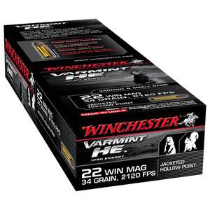 Winchester Varmint HE 22 WMR (22 Mag) 34gr JHP Rimfire Ammo - 50 Rounds